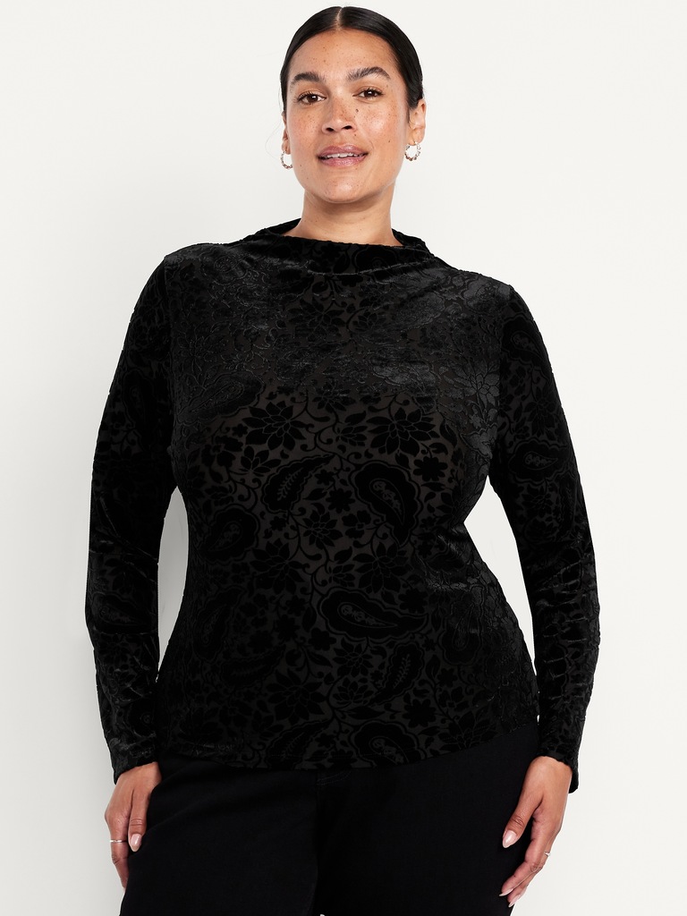 Mock-Neck Long-Sleeve Velvet Top