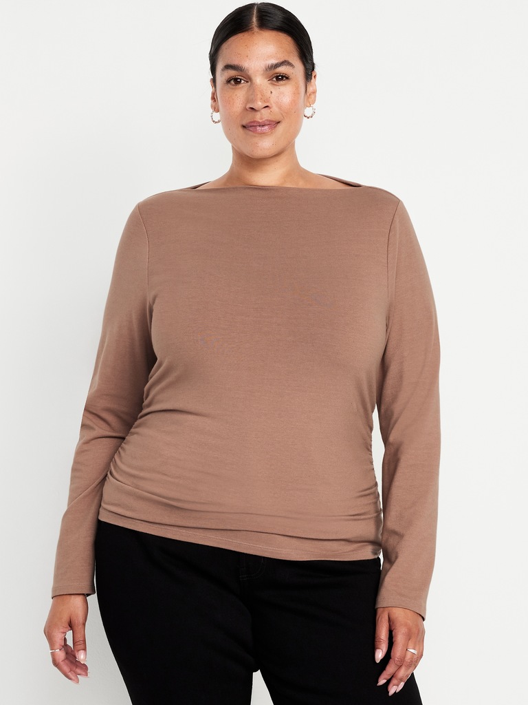 Long-Sleeve Slit-Neck Ruched Top