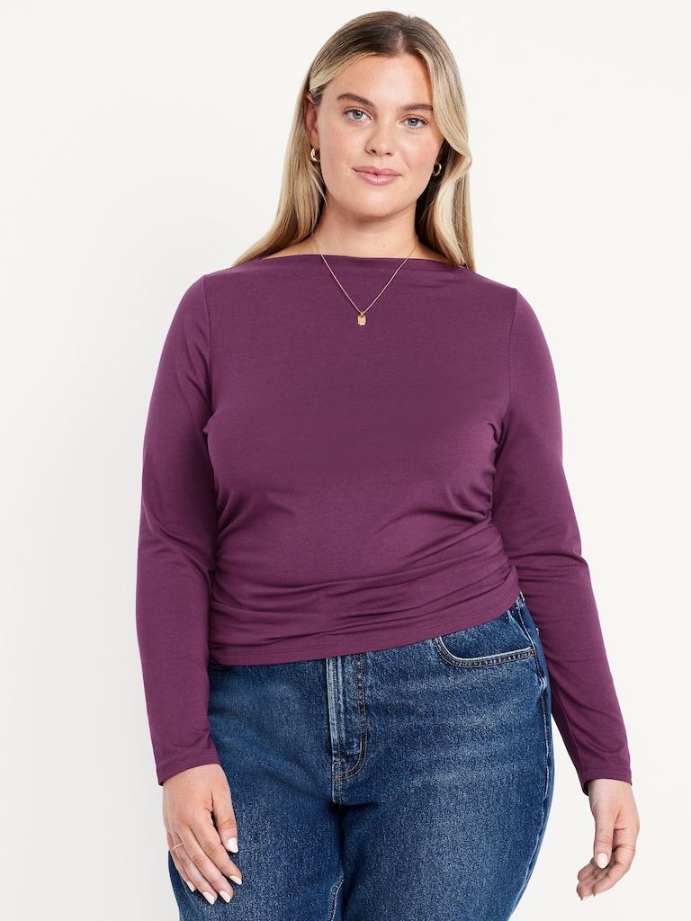 Long-Sleeve Slit-Neck Ruched Top