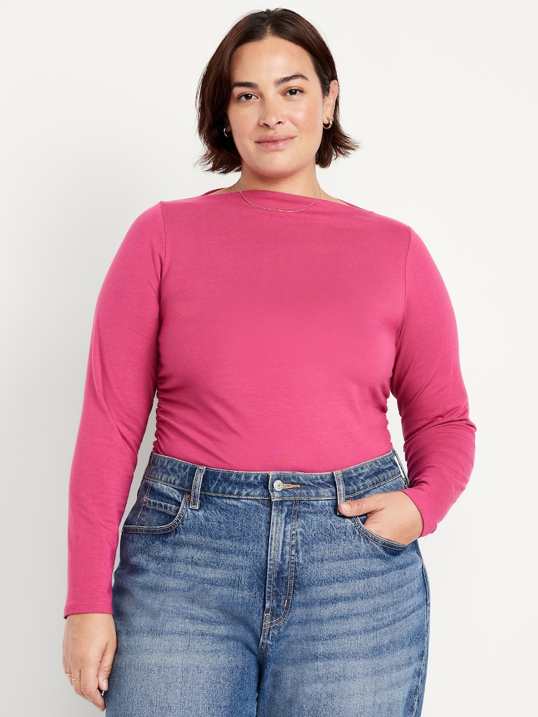 Long-Sleeve Slit-Neck Ruched Top