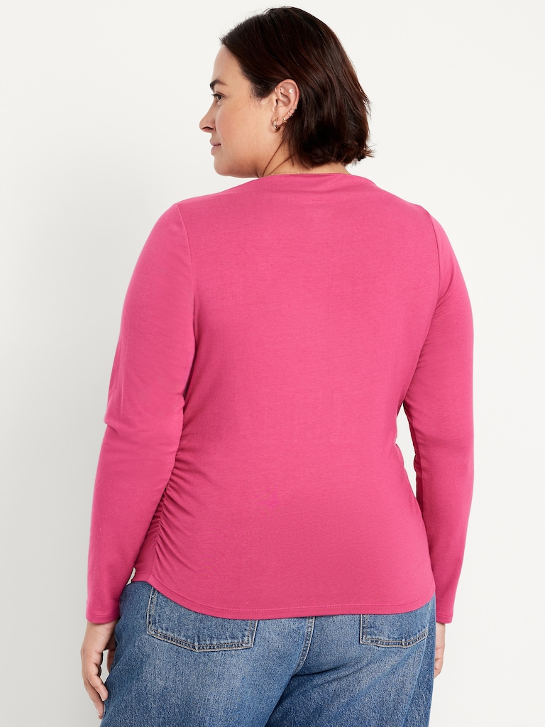 Long-Sleeve Slit-Neck Ruched Top