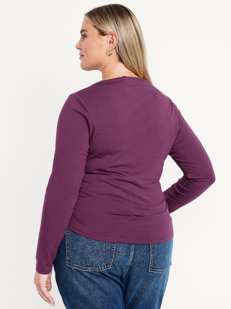 Long-Sleeve Slit-Neck Ruched Top