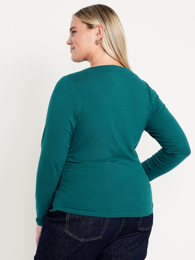 Long-Sleeve Slit-Neck Ruched Top