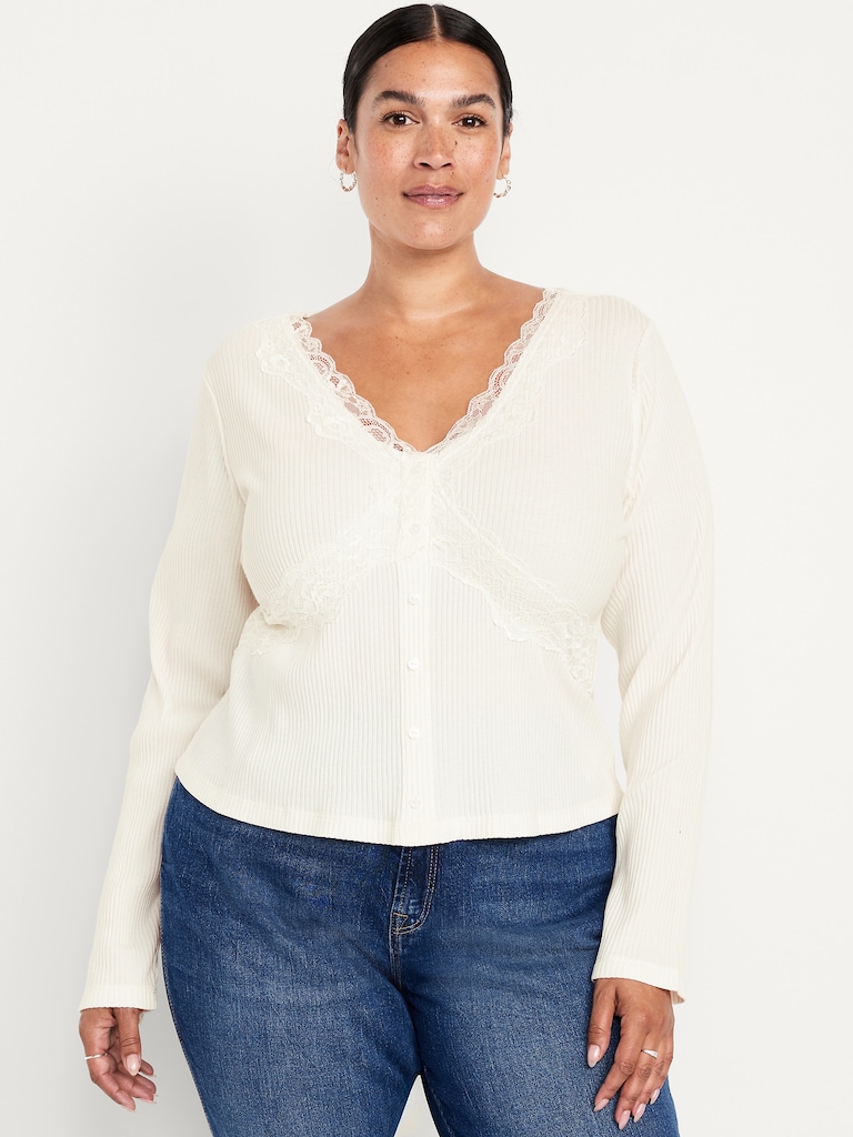 Lace-Trim V-Neck Ribbed Top