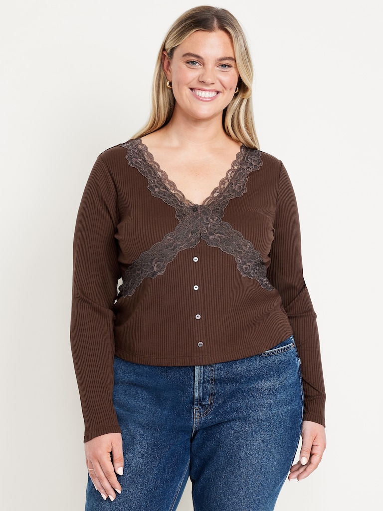 Lace-Trim V-Neck Ribbed Top