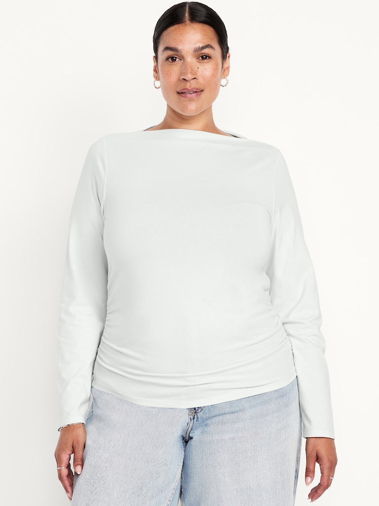 Long-Sleeve Slit-Neck Ruched Top