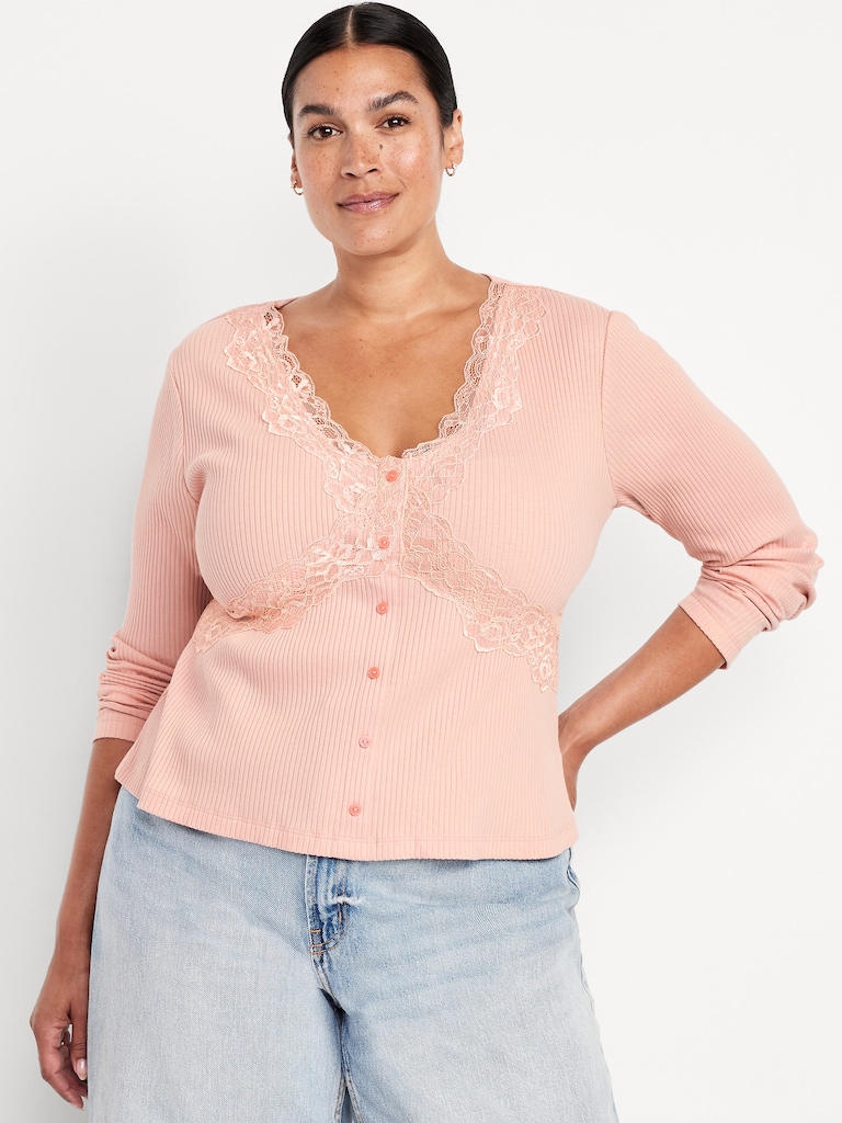Lace-Trim V-Neck Ribbed Top