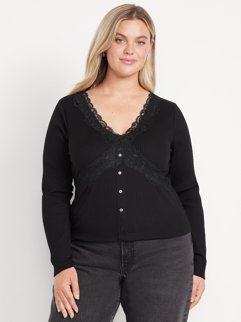 Lace-Trim V-Neck Ribbed Top