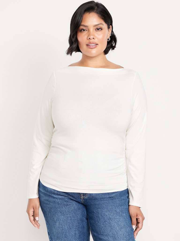 Long-Sleeve Slit-Neck Ruched Top