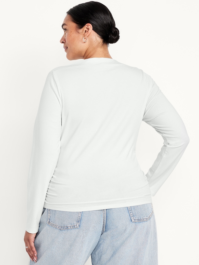 Long-Sleeve Slit-Neck Ruched Top