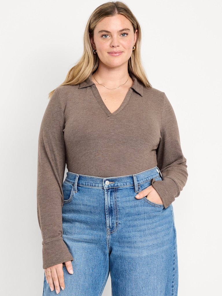 Split-Neck Long-Sleeve Pullover Shirt