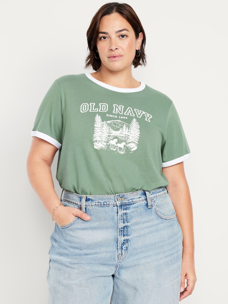 T-shirt passe-partout à bords contrastants avec logo et imprimé