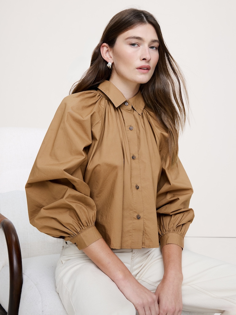 Cotton Poplin Balloon-Sleeve Shirt