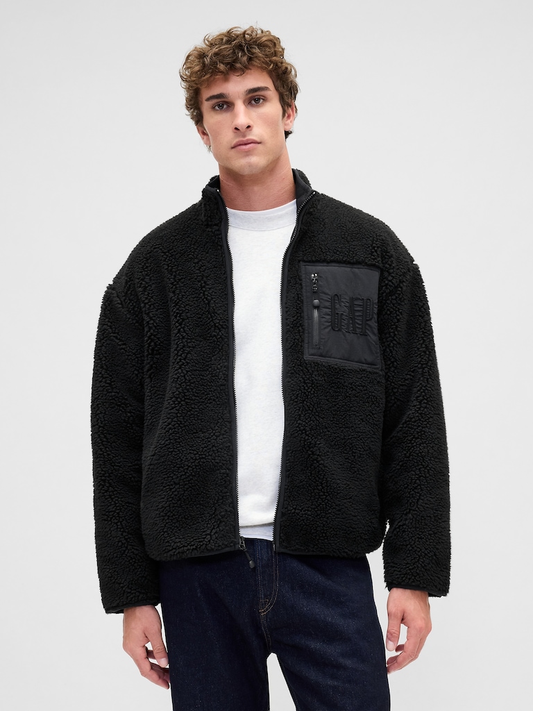 Recycled Sherpa Oversized Logo Zip Jacket