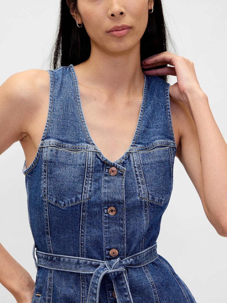 Denim Belted Button-Front Maxi Dress