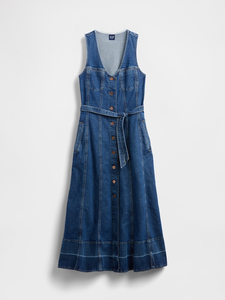 Denim Belted Button-Front Maxi Dress
