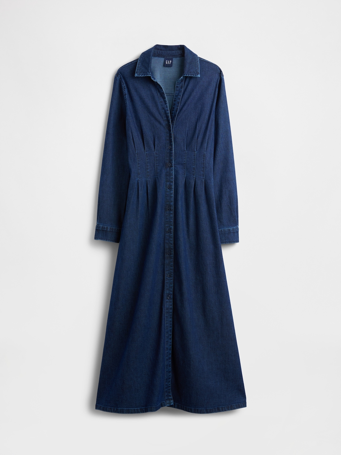 Denim Pintuck Button-Front Maxi Dress