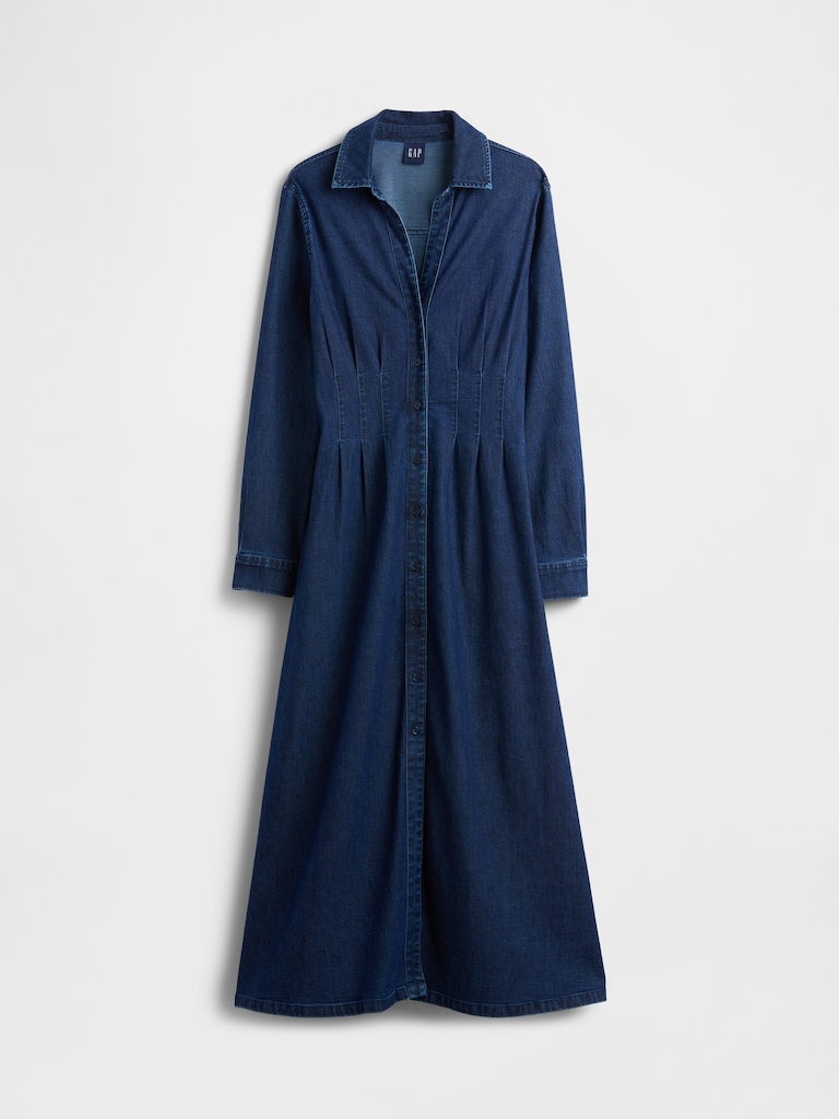 Denim Pintuck Button-Front Maxi Dress