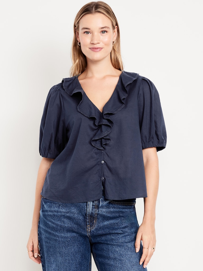 Ruffle Collar Button-Down Top
