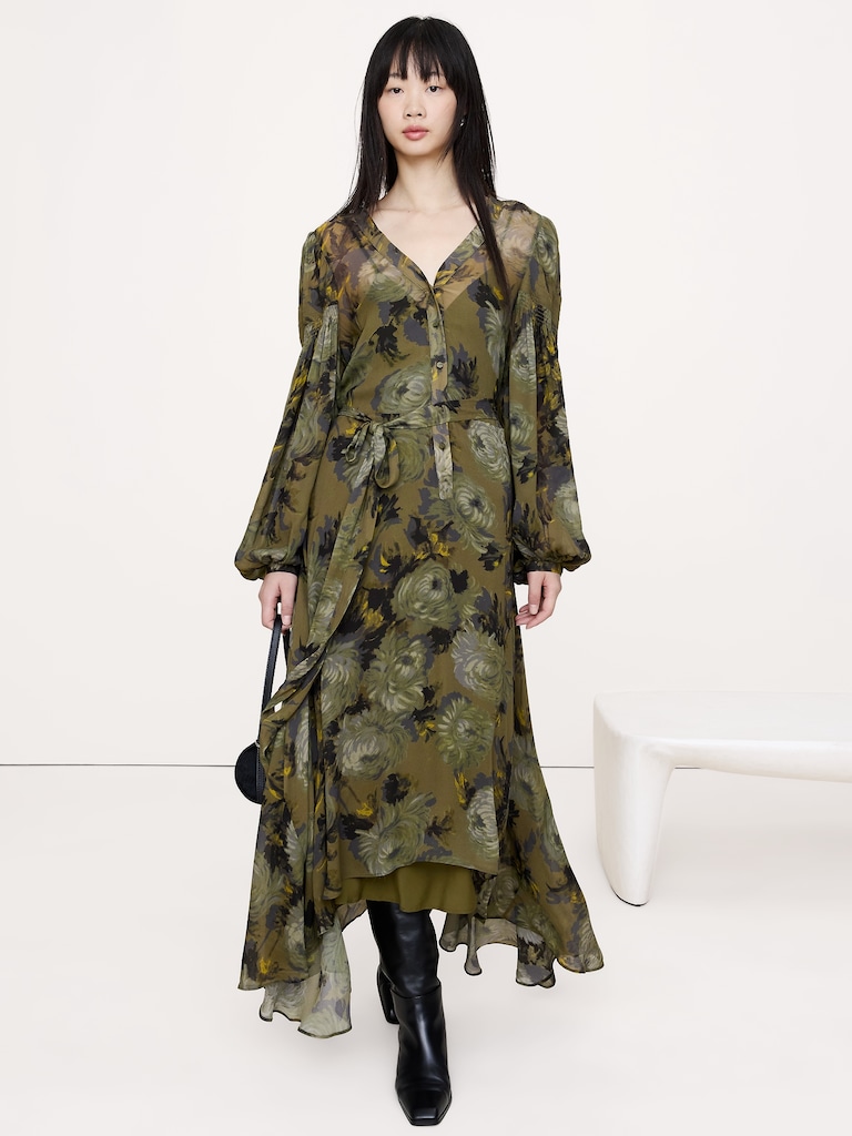 Georgette Puff-Sleeve Maxi Dress