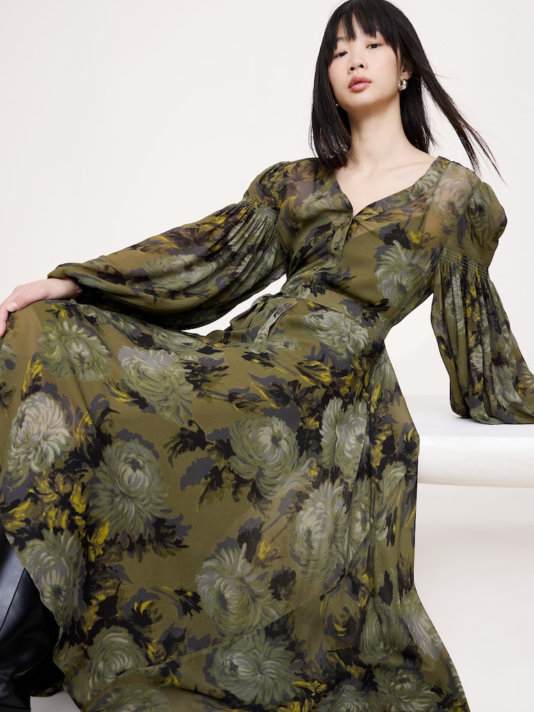 Georgette Puff-Sleeve Maxi Dress