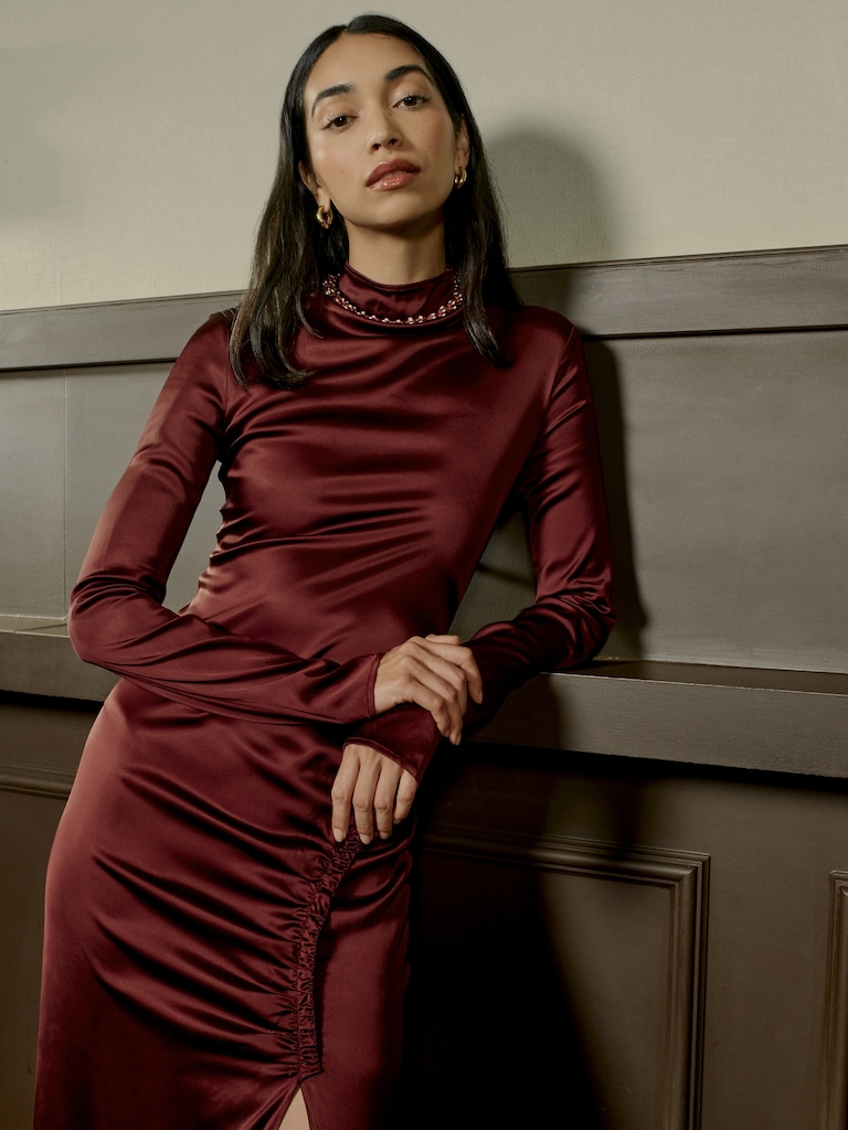 Stretch-Satin Ruched Maxi Dress