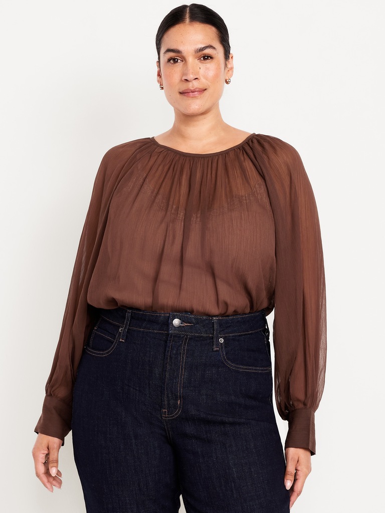 Shirred Chiffon Long-Sleeve Top