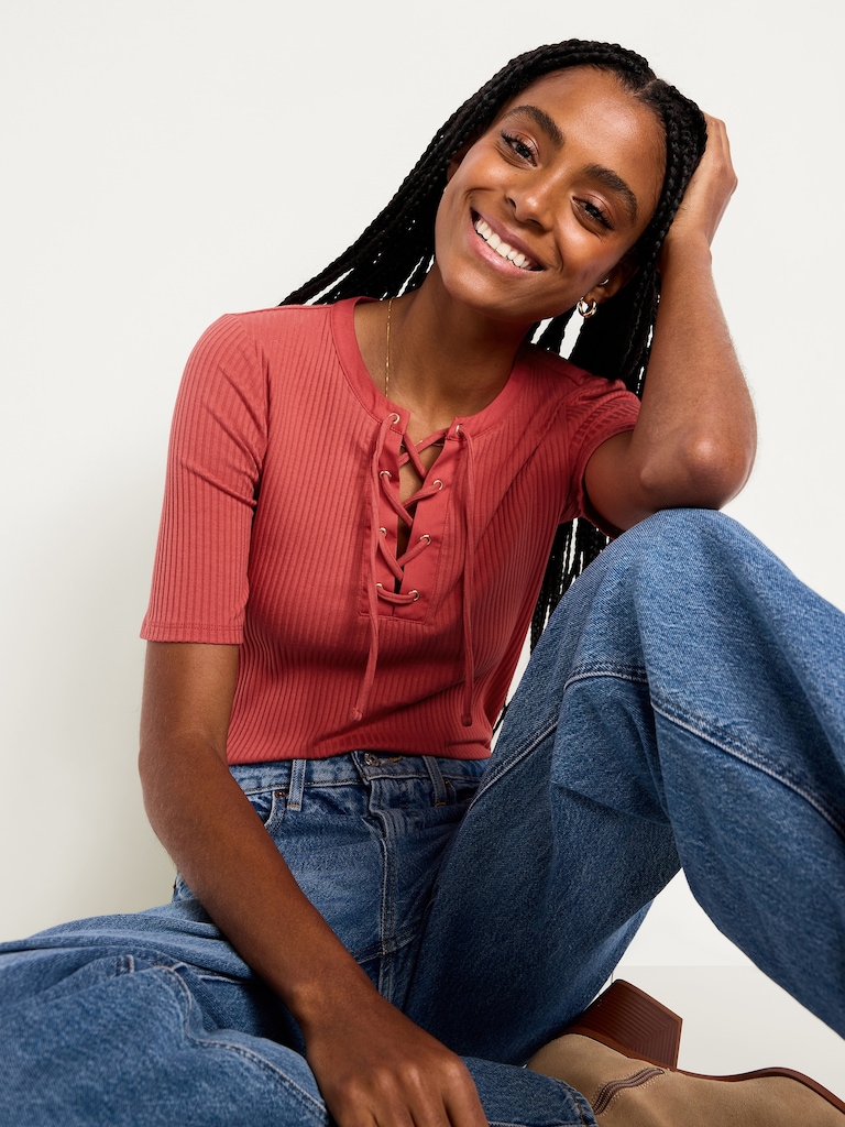 Short Sleeve Lace-Front Top