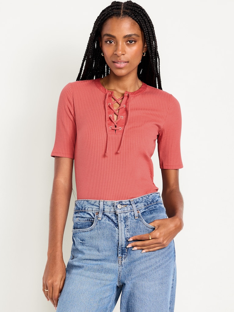 Short Sleeve Lace-Front Top