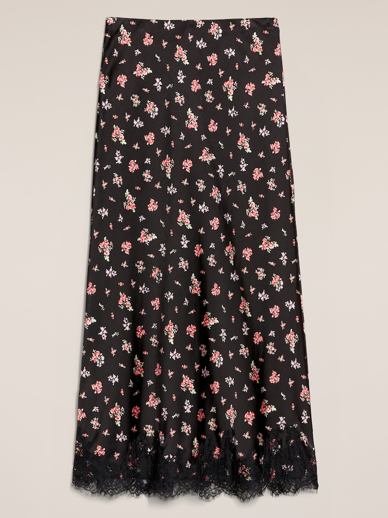 Old Navy x Anna Sui Satin Lace Hem Midi Skirt