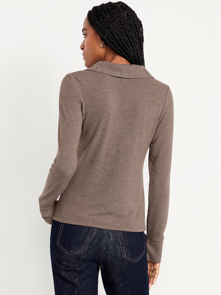 Split-Neck Long-Sleeve Pullover Shirt