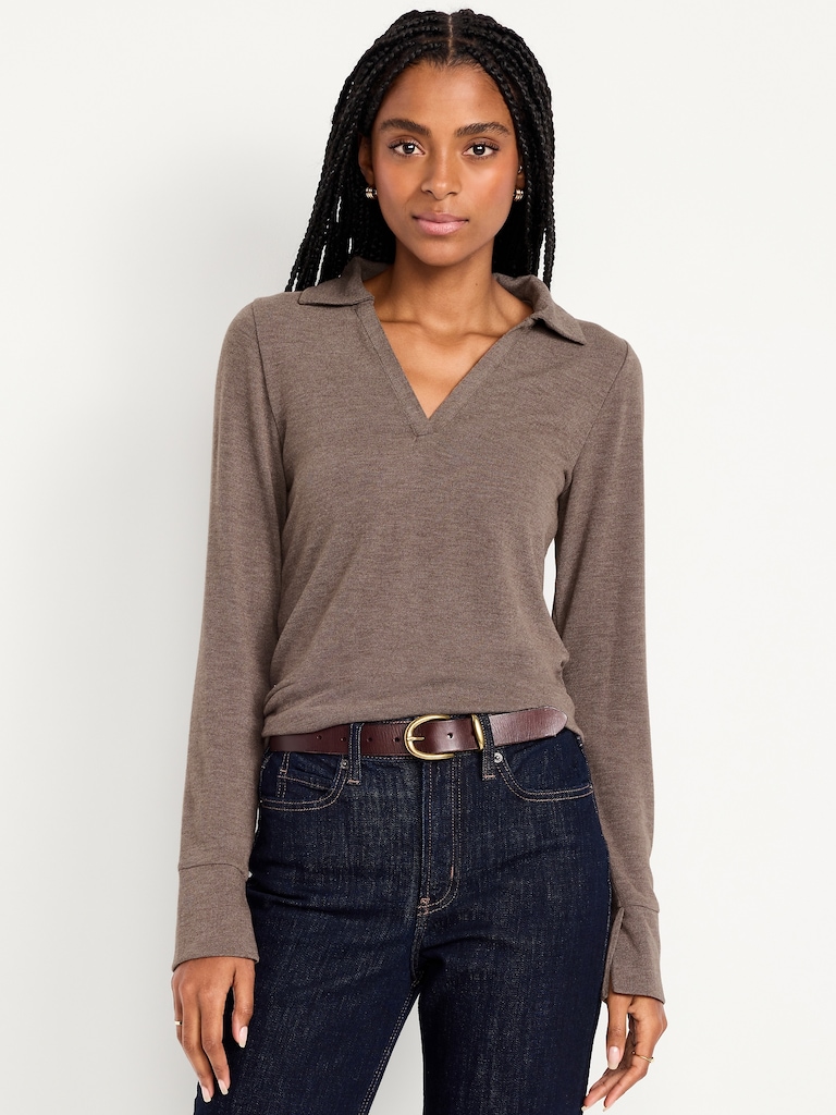 Split-Neck Long-Sleeve Pullover Shirt