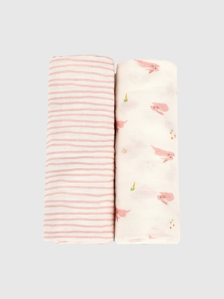 Bamboo Little Bunny and Pink Wave Swaddle Set
