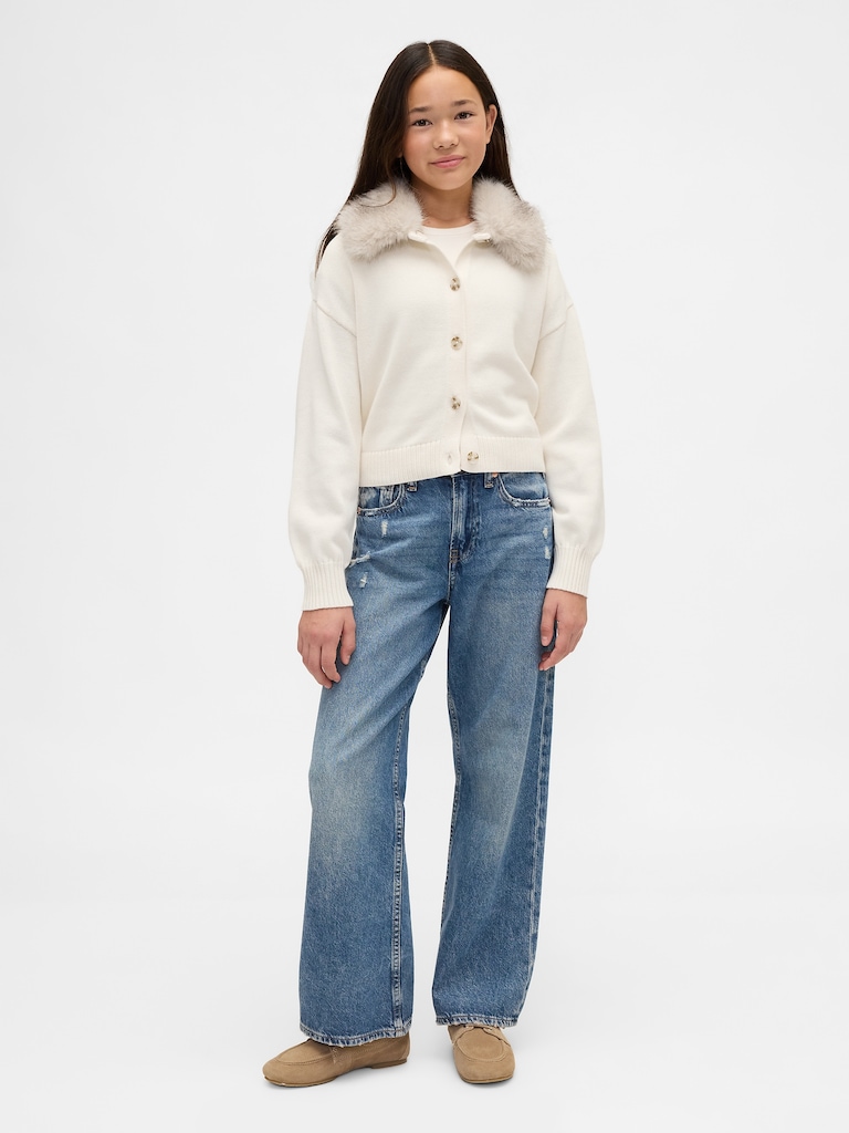 Kids Faux Fur-Collar Cardigan Sweater