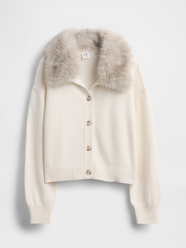 Kids Faux Fur-Collar Cardigan Sweater