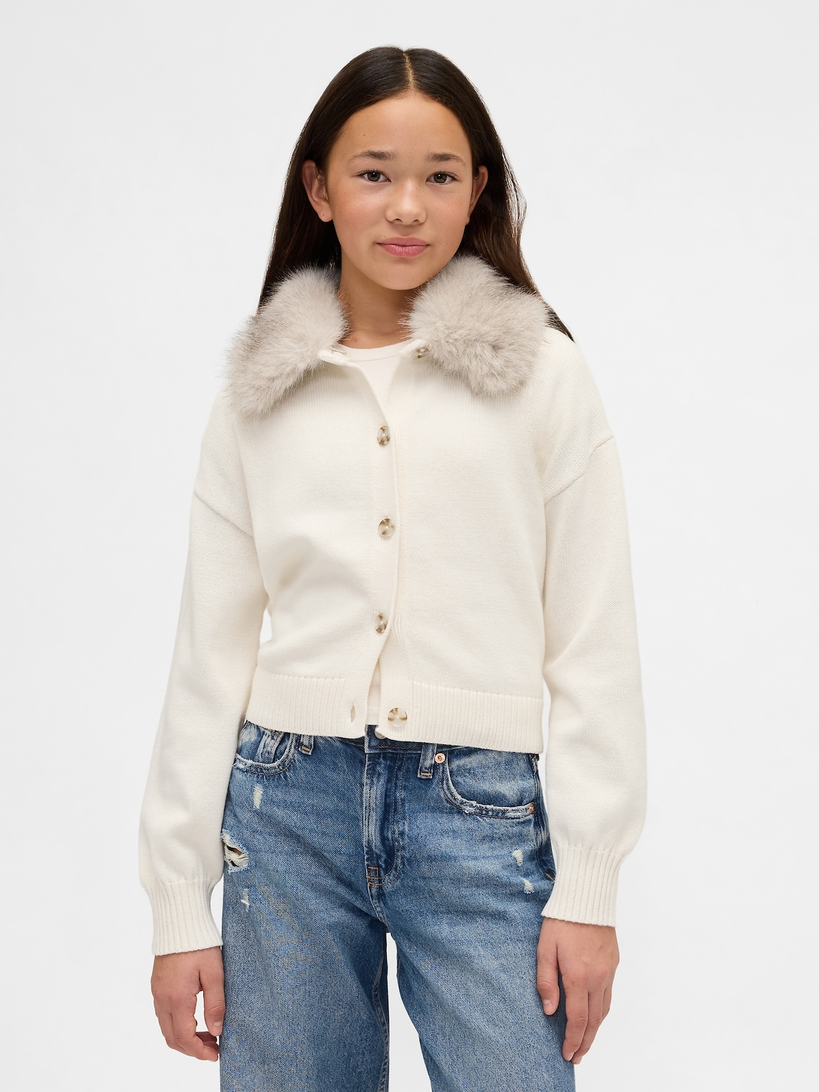 Kids Faux Fur-Collar Cardigan Sweater
