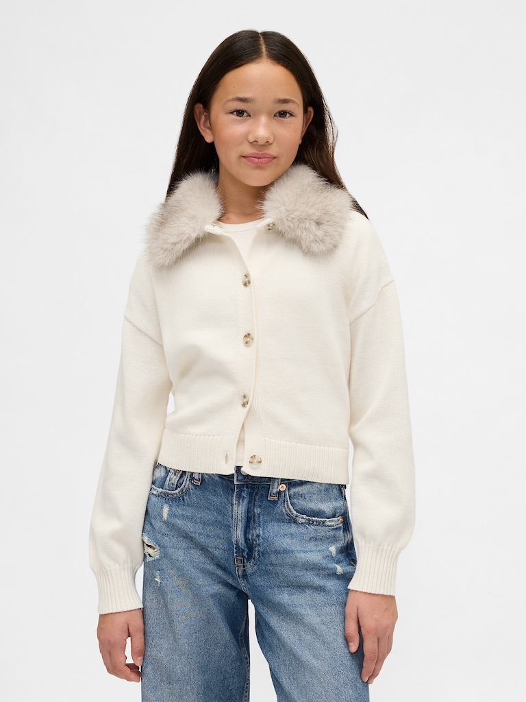 Kids Faux Fur-Collar Cardigan Sweater