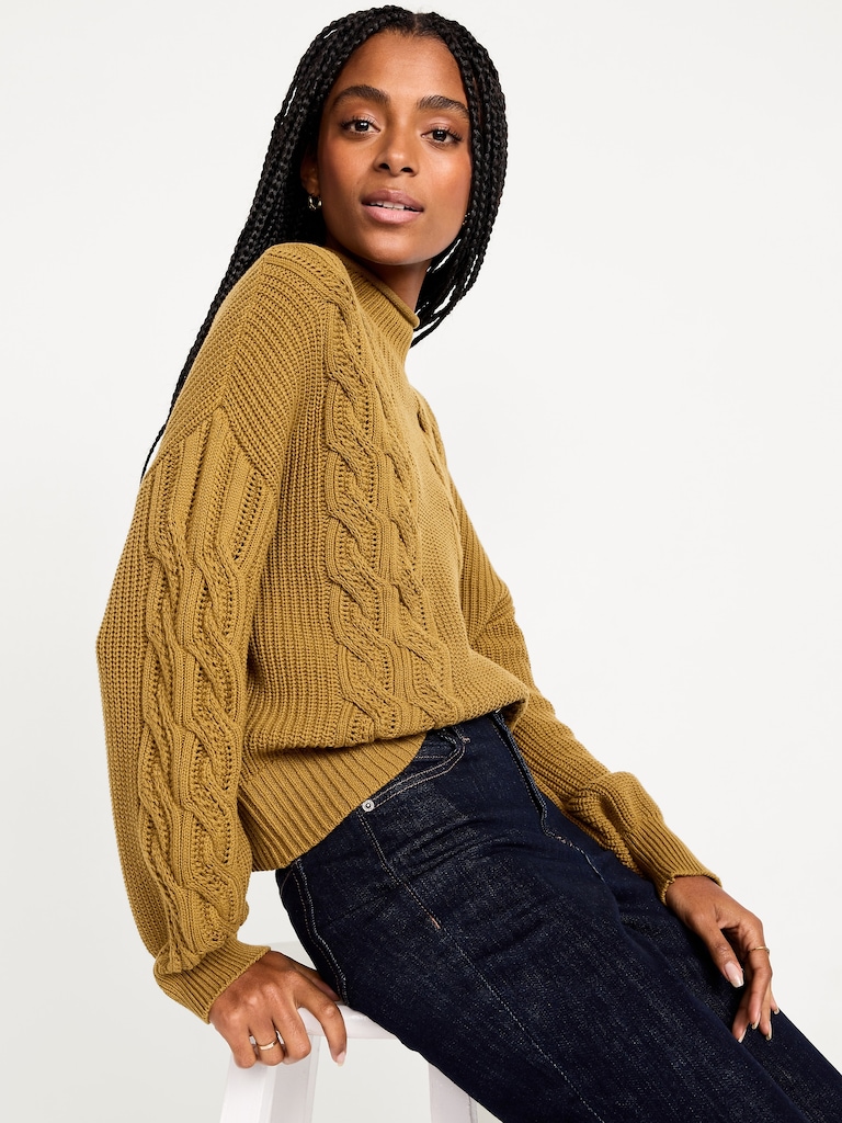 Seaside Cotton Roll-Neck Cable-Knit Sweater