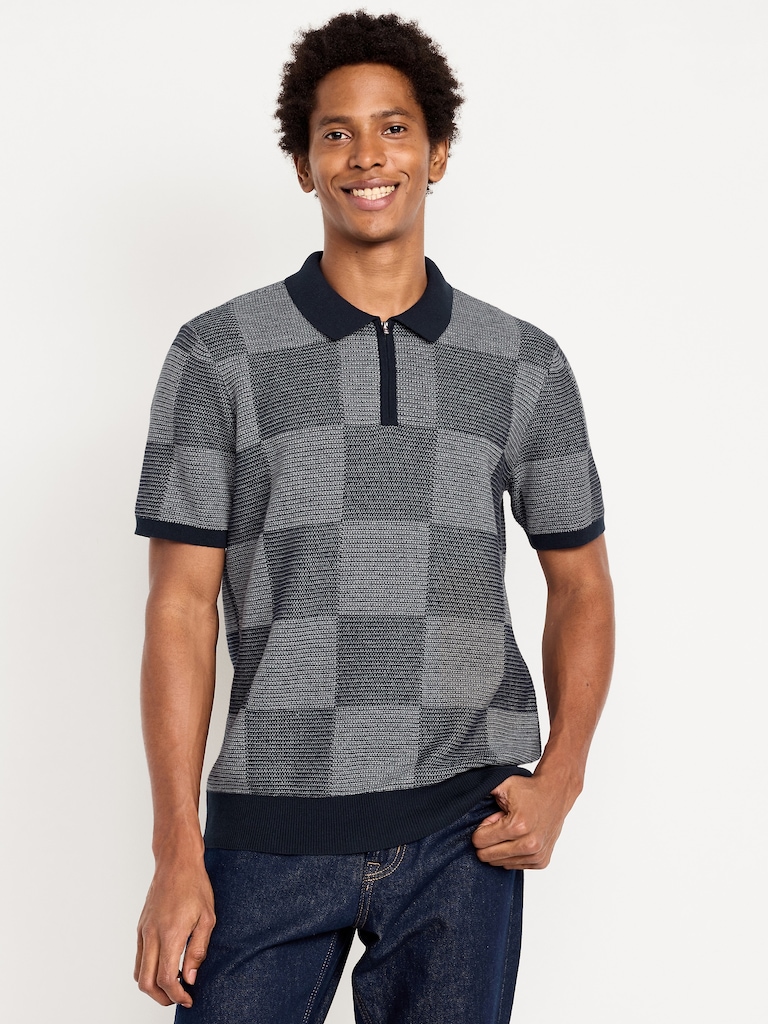 Quarter-Zip Check Polo Sweater