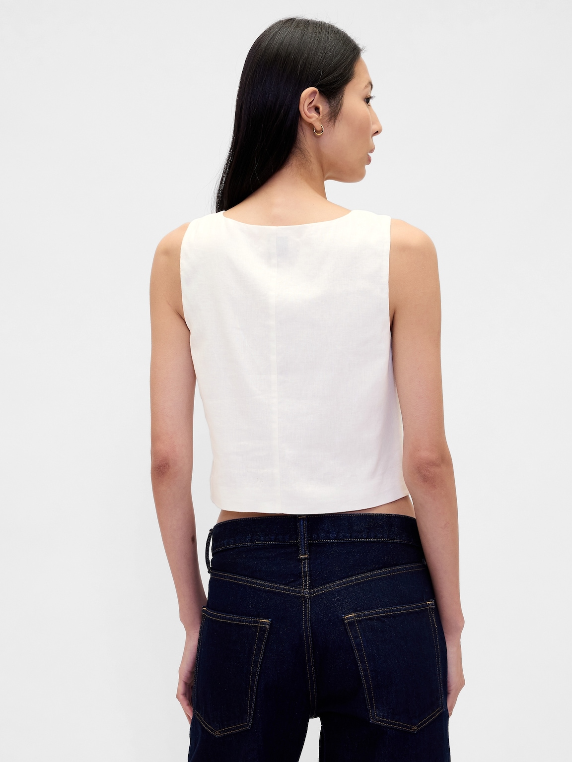 Linen-Blend Hook-Front Crop Shell Top