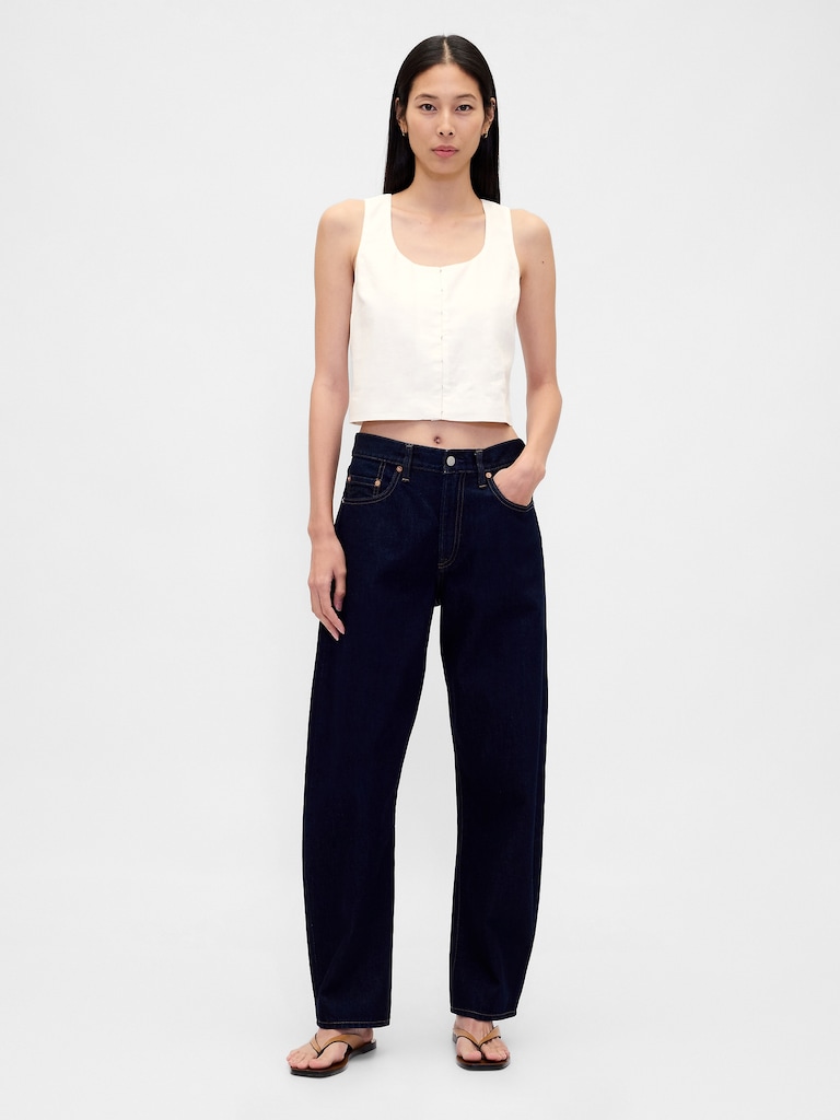 Linen-Blend Hook-Front Crop Shell Top