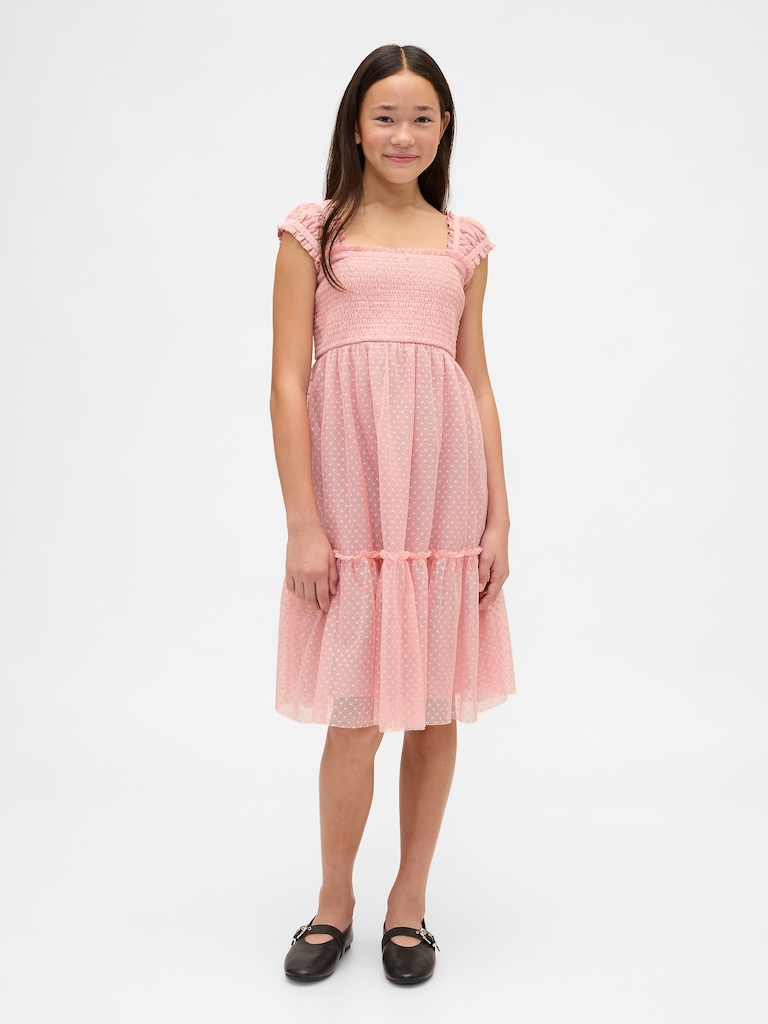 Kids Mesh Ruffle Cap-Sleeve Dress