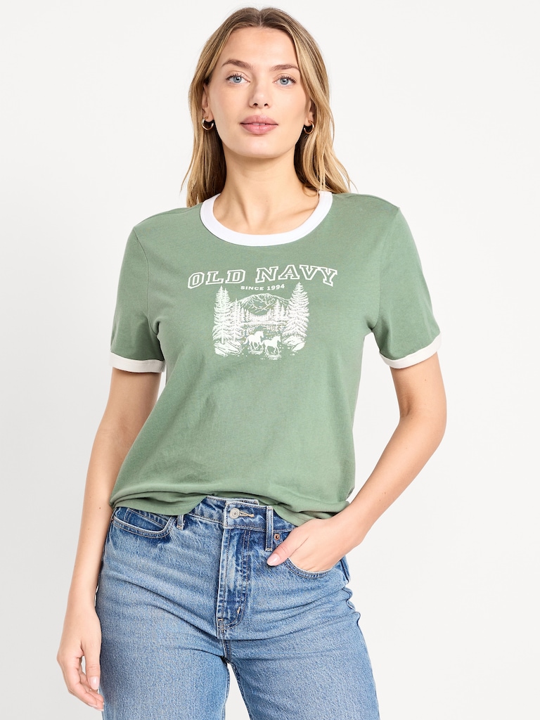 T-shirt passe-partout à bords contrastants avec logo et imprimé