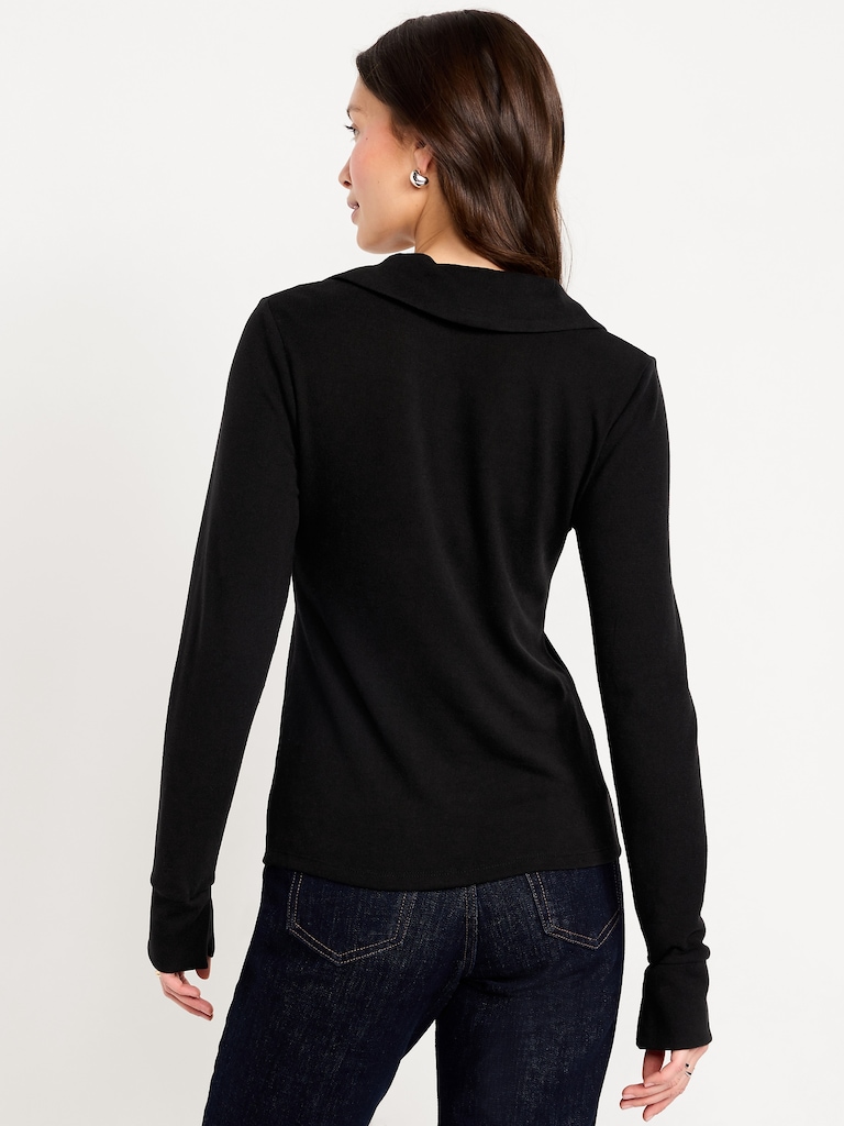 Split-Neck Long-Sleeve Pullover Shirt