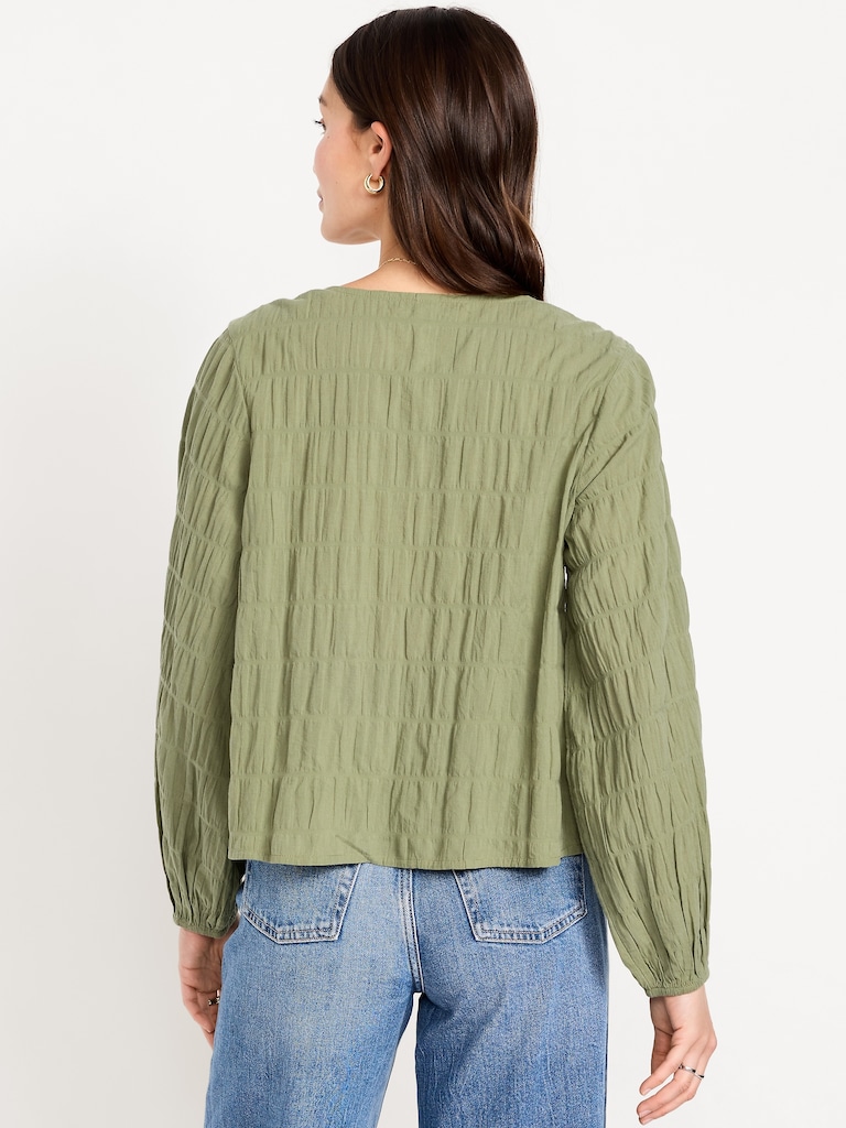 Lightweight Button-Down Smocked Top