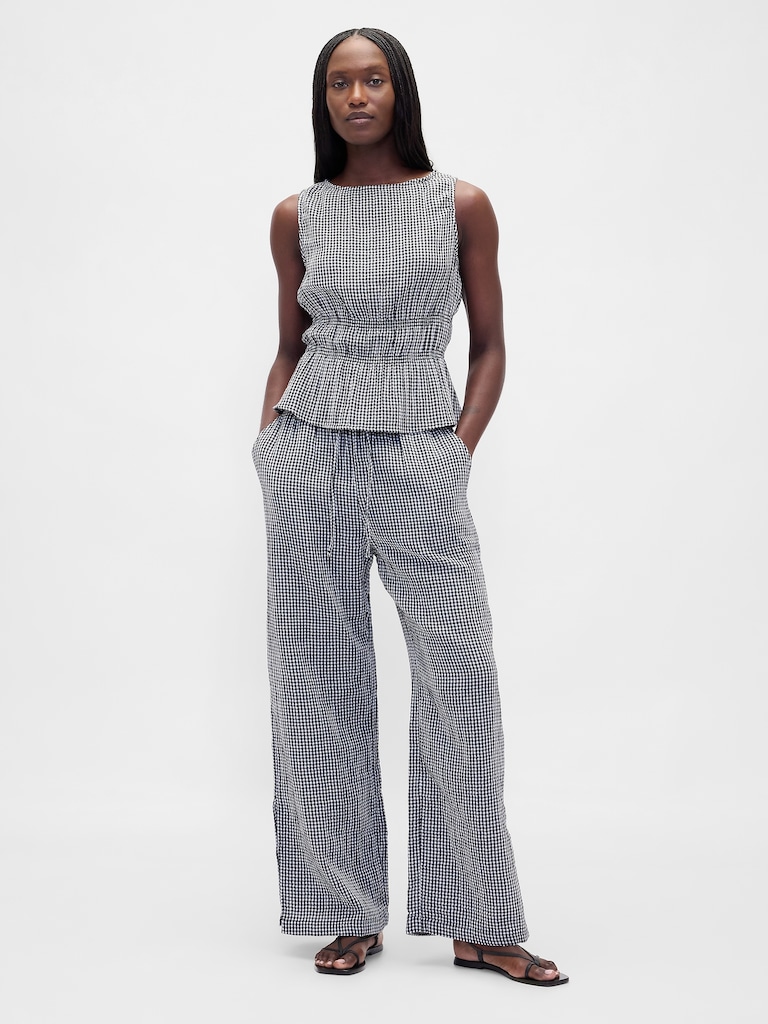 Cotton Gauze Smocked-Waist Peplum Top