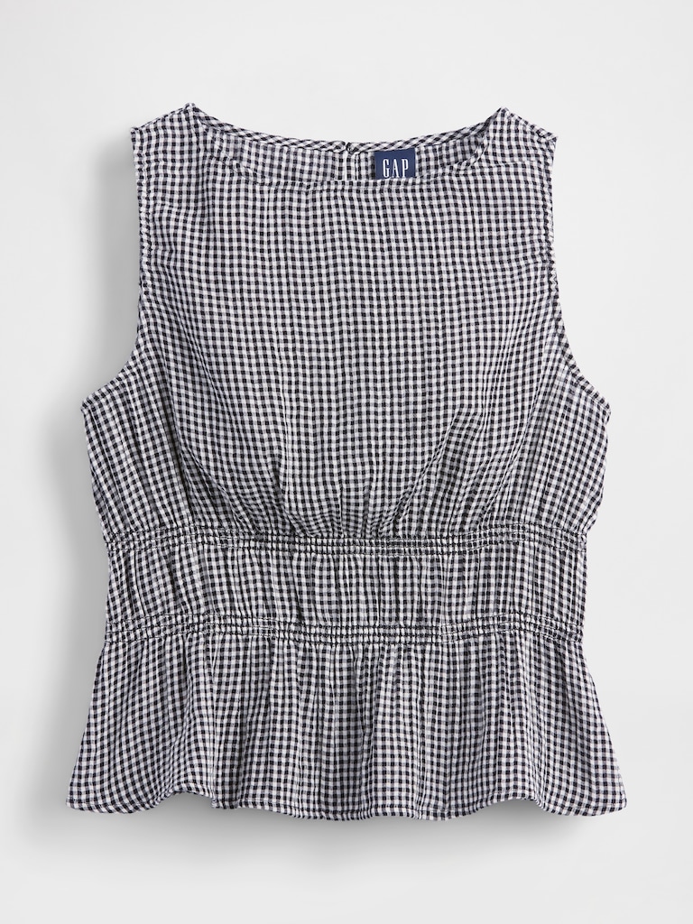 Cotton Gauze Smocked-Waist Peplum Top