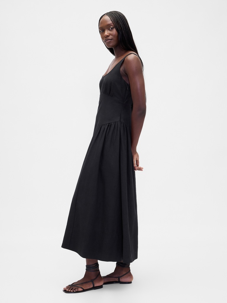 Linen-Blend Shirred Maxi Dress