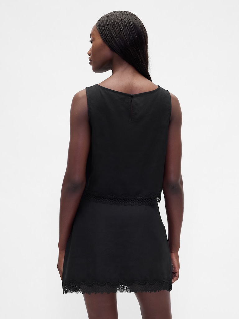 Linen-Blend Lace-Hem Crop Shell Top