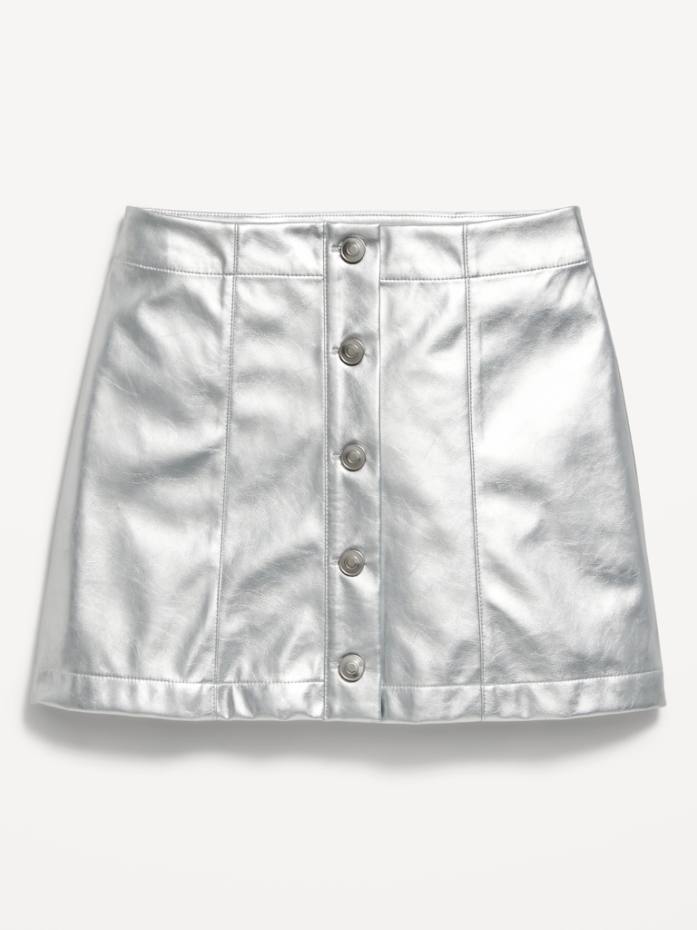 Faux-Leather Silver Shine Button-Front Skirt for Girls